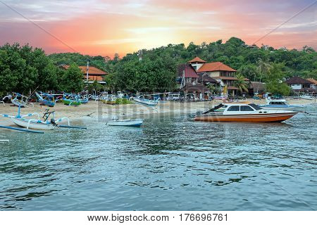 Harbor at Padangbai on Bali Indonesia at sunset