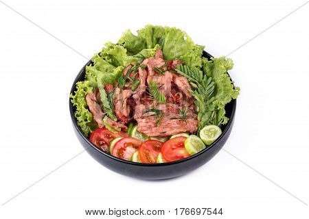 Spicy Fried Pork With Herb In Shrimp Paste Dip .