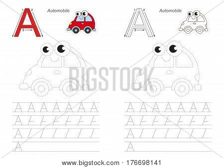 Vector illustrated worksheet. Learn handwriting. Gaming and education. Page to be traced. Easy educational kid game. Simple level. Complete eng alphabet. Tracing worksheet for letter A. Automobile.