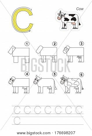 Vector illustrated alphabet with kid educational games to learn handwriting, with easy game level for preschool children. Drawing tutorial for letter C. The cow.