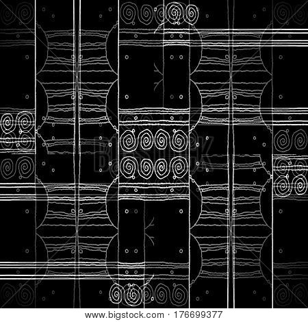 Abstract geometric seamless background. Regular spiral pattern with wiggly lines white and gray on black.