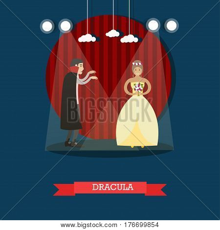 Vector illustration of episode from Dracula horror movie or theatrical performance based on novel by Bram Stoker. Flat style design element.