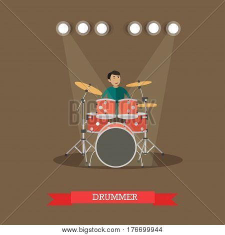 Vector illustration of young man playing drums. Drummer flat style design element.