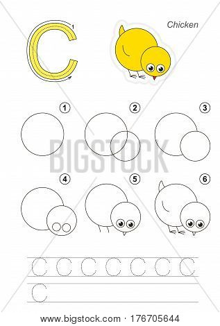 Vector illustrated alphabet with kid educational games to learn handwriting, with easy game level for preschool children. Drawing tutorial for letter C. The small yellow chicken.