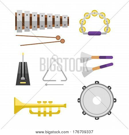 Different music instruments vector musical guitar violin and sound classical concert trumpet collection entertainment composition illustration. String and wind electric signs.