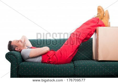 Mover Man Resting Laid Down On Couch