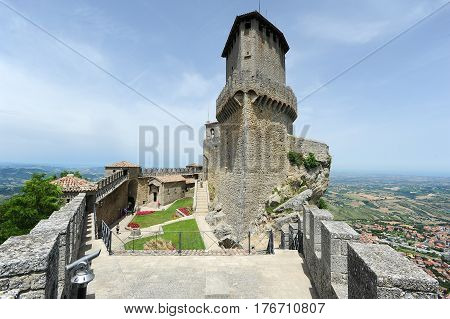 Tourists Visiting La Rocca Fortless On Borgo Maggiore, San Marino