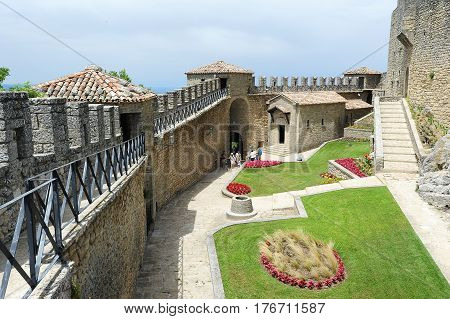 Tourists Visiting La Rocca Fortless On Borgo Maggiore, San Marino
