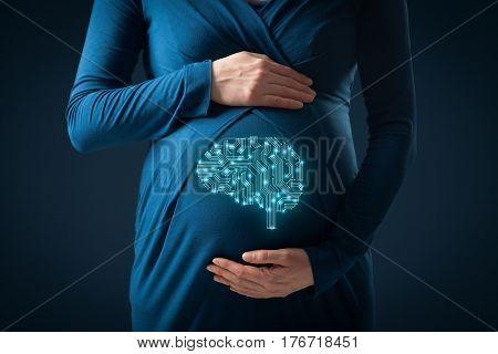 Artificial intelligence (AI) and cyborg born, genetic programming, neural networks concepts. Pregnant woman with cyborg represented by brain in printed circuit board (PCB) design.