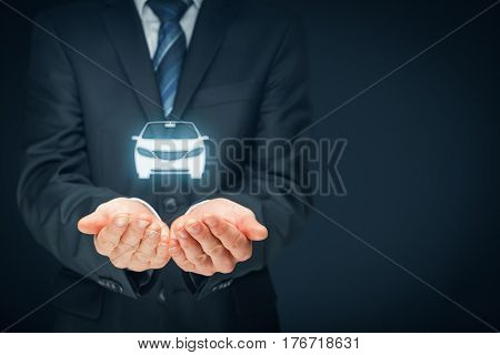 Car (automobile) insurance and collision damage waiver concepts. Insurer (insurance agent) with protective gesture and icon of a car. Left composition.