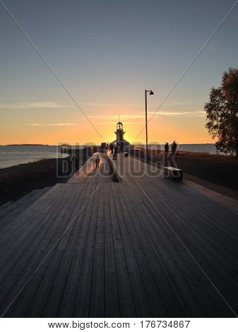 Sunset over observation deck at Nallikari, Oulu