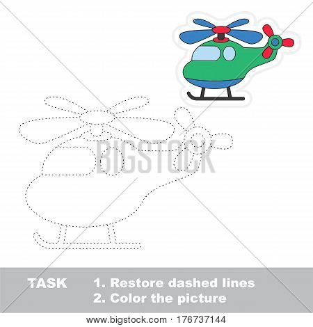 Restore dashed line and color the picture, the educational vector game for kids with easy game level. Simple kid tracing worksheet with Helicopter