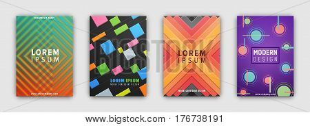 Cover pattern template with geometric figures. Vector poster of four covers with colorful futuristic print in flat style. Elements with straight stripes, round spots and space for writing in center