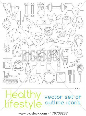 Healthy lifestyle concept in flat design. Vector outline icons for your web design. Icons of healthy food and sport.