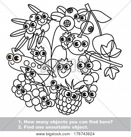 Set of cute berries. Mishmash set in vector outlined to be colored. Find all hidden objects on the picture. Easy educational kid game. Simple level of difficulty. Visual game for children.