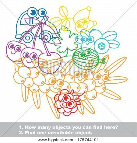 Cute sweet berries mishmash set in vector outlined to be colored. Find all hidden objects on the picture. Easy educational kid game. Simple level of difficulty. Visual game for children.