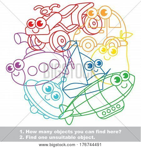 Cute toy machines mishmash set in vector outlined to be colored. Find all hidden objects on the picture. Easy educational kid game. Simple level of difficulty. Visual game for children.