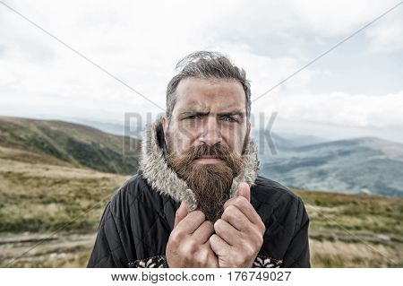 Bearded Man, Brutal Caucasian Hipster With Moustache Cold On Mountain