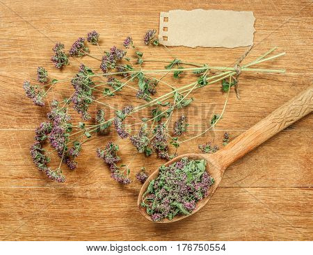 Oregano. Dried herbs for use in alternative medicine spa herbal cosmetics herbal medicine preparing infusions decoctions tinctures powders ointments butter tea bath.