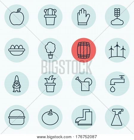 Set Of 16 Garden Icons. Includes Ovum, Bush Pot, Windmill And Other Symbols. Beautiful Design Elements.