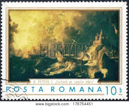 A stamp printed in the Romania shows Ships in Storm Painting by B. Peters circa 1971