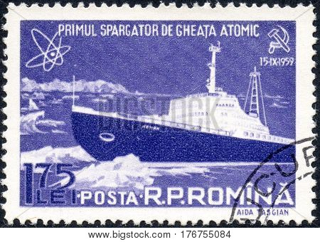 UKRAINE - CIRCA 2017: A stamp printed in the Romania shows known russian Atomic Icebreaker Lenin circa 1959