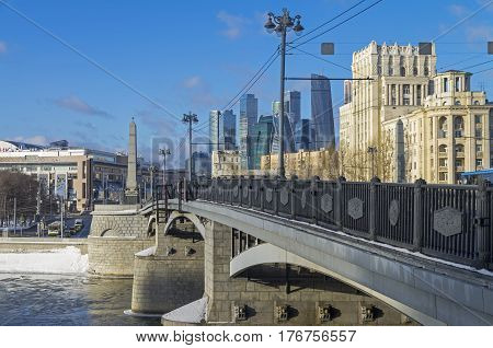 View from the Borodinsky bridge on the skyscrapers of the international business center Moscow-City. Moscow January sunny day.