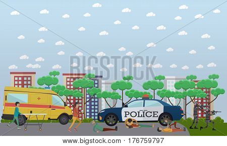 Vector illustration of ambulance staff giving injured people first aid. Outside emergency help flat style design element.