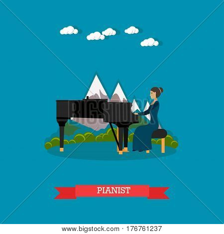 Vector illustration of musician female playing piano. Pianist playing music on outdoors holiday event flat style design element.