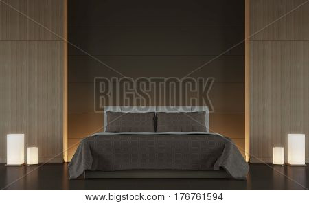 Modern brown bedroom interior minimal style 3d rendering image. There are minimalist style decorate room with wood and hidden warm light