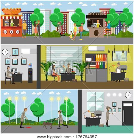 Vector set of detective posters, banners. Private detective, enquiry agent working at office and outside flat style design elements.