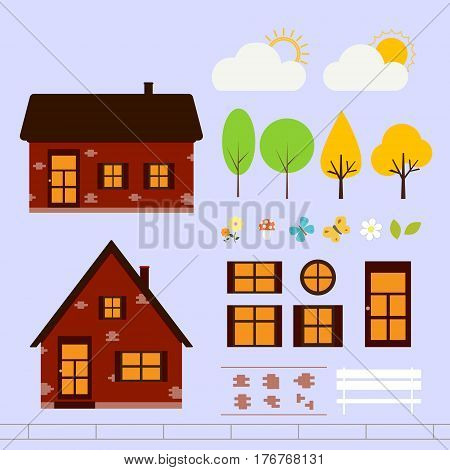 Courtyard constructor. House of red brick. Some part of the house - bricks, doors and windows. Garden at the house with trees, flowers and mushrooms. The sun behind the clouds. Vector illustration.