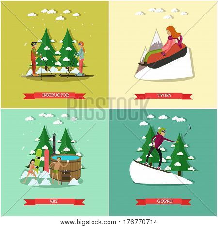 Vector set of winter fun posters. Ski instructor, Tubing, Vat and Gopro flat style design elements.