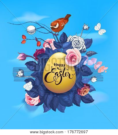 Golden Easter egg, text handwritten with calligraphic font, bunch of semi-colored flowers and little bird sitting on top of it against blue sky and white clouds on background. Vector illustration.