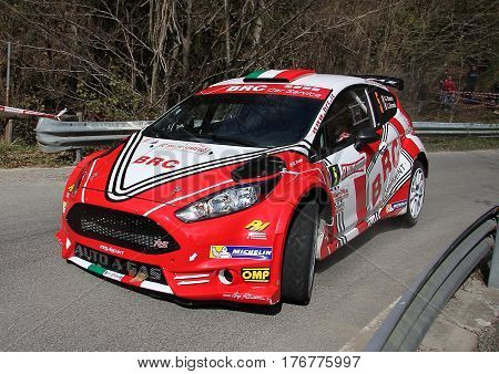 Sanremo Italy - April 11 - 2015.Rally of Sanremo, the Ford Fiesta n. 5 conducted in the race the crew Basso-Barns during a test of speed 'held in the hinterland of Sanremo.La race was valid for the Italian Rally Championship in 2015.