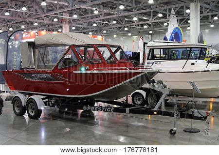 MOSCOW - MARCH 09 2017: Boat Weldcraft Renegade 600 FX for 10 International boat show in Moscow. Russia.