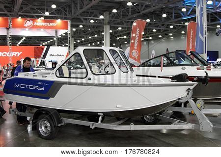 MOSCOW - MARCH 09 2017: Boat Victory V 490 open for 10 International boat show in Moscow. Russia.
