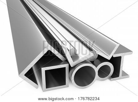 Metallurgical industry products - rolled metal steel products (pipes profiles girders bars balks and armature) on white industrial 3D illustration
