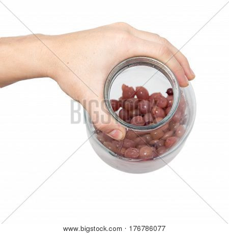 stewed in his hand on a white background .