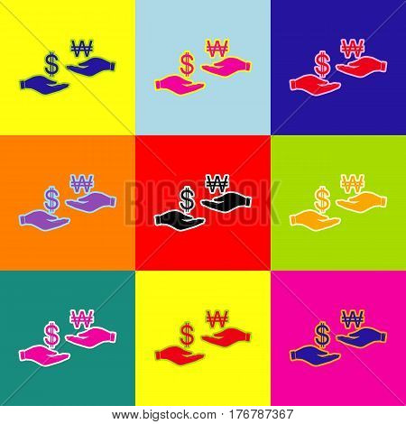 Currency exchange from hand to hand. Dollar and South Korea Won. Vector. Pop-art style colorful icons set with 3 colors.