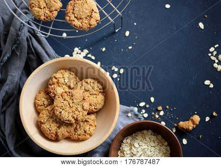 Baking background oat cookies baking ingredients view from above space for a text