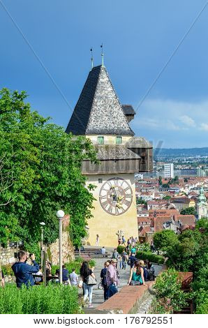 GRAZ, AUSTRIA - JUN 04: Clock tower (Uhrturm) on June 4, 2016. in Graz, Austria