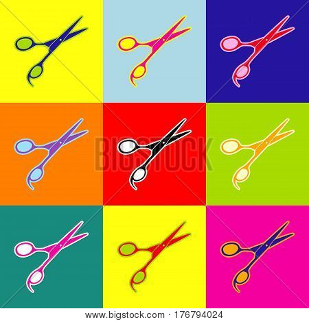 Hair cutting scissors sign. Vector. Pop-art style colorful icons set with 3 colors.