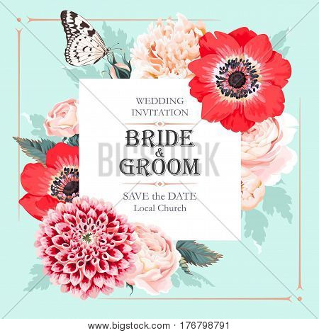 Vector wedding invitation with high detailed flowers