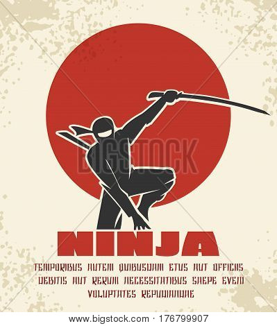 Ninja retro poster vector illustration. Black silhouette of japanese fighter on red sun background. Martial assassin with sword