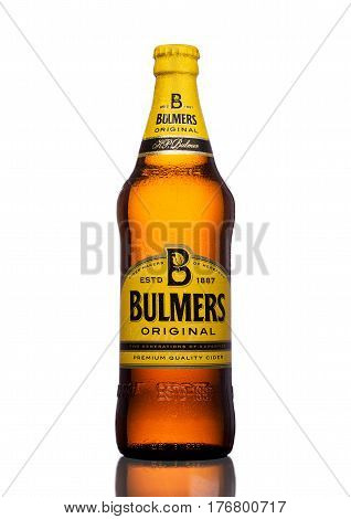 LONDON UK - MARCH 15 2017: Bottle Of Bulmers Original Cider on a white background with reflection. It is one of the leading British cider brands in the UK