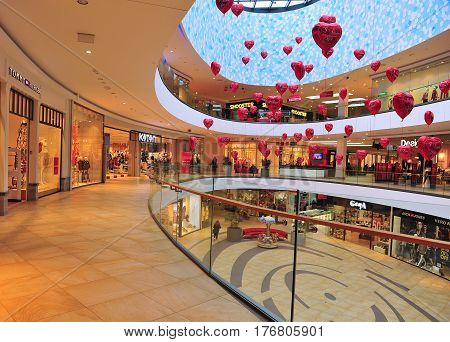 SPLIT CROATIA - FEBRUARY 18: Atrium and gallery of Mall of Split shopping centre in Split on February 18 2017.