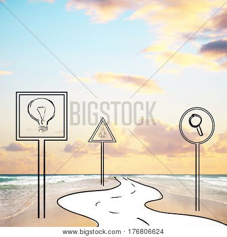 Abstract image of road signs and pathway in ocean. Sky with clouds background. Creative ideas and research concept
