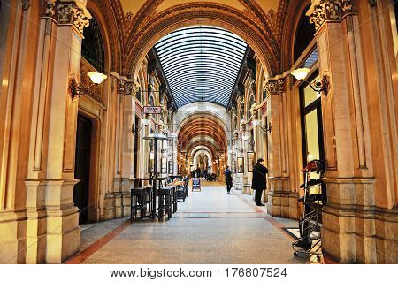 VIENNA AUSTRIA - FEBRUARY 11: Interior of Ferstel Passage in Vienna on February 11 2017.