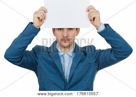 Depressed Businessman holding white paper over his head on white background.